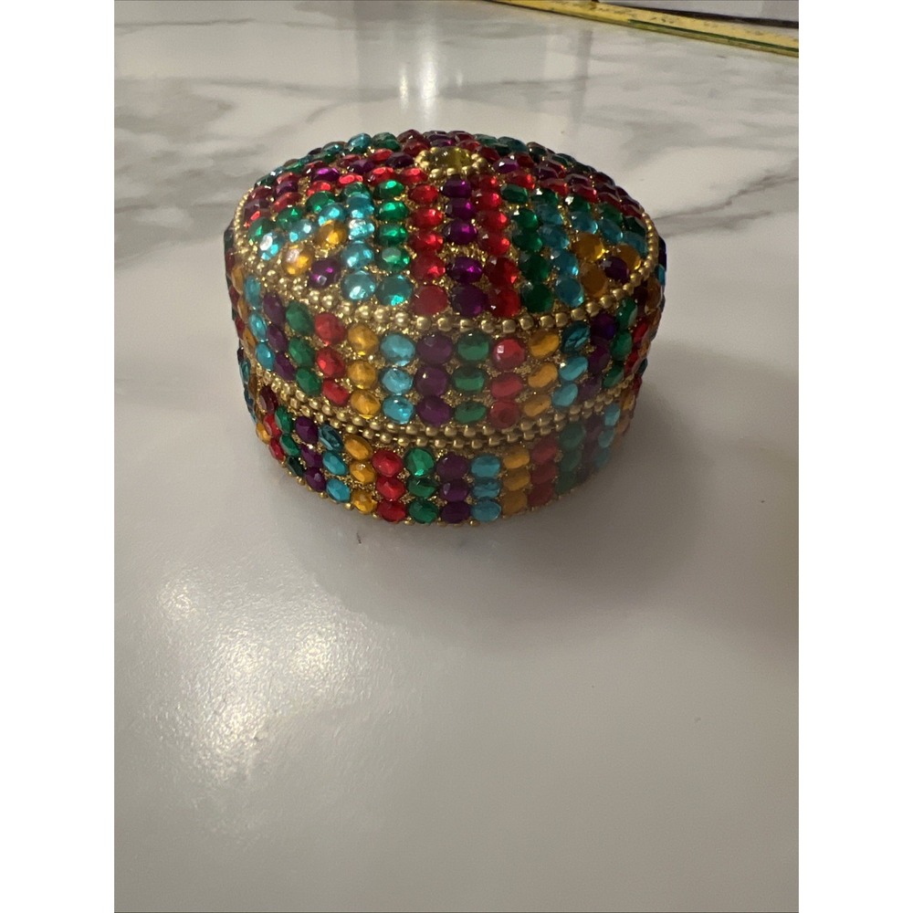 Gorgeous Handmade Colorful Rhinestone Trinket Box Round Unique - Picture 2 of 7